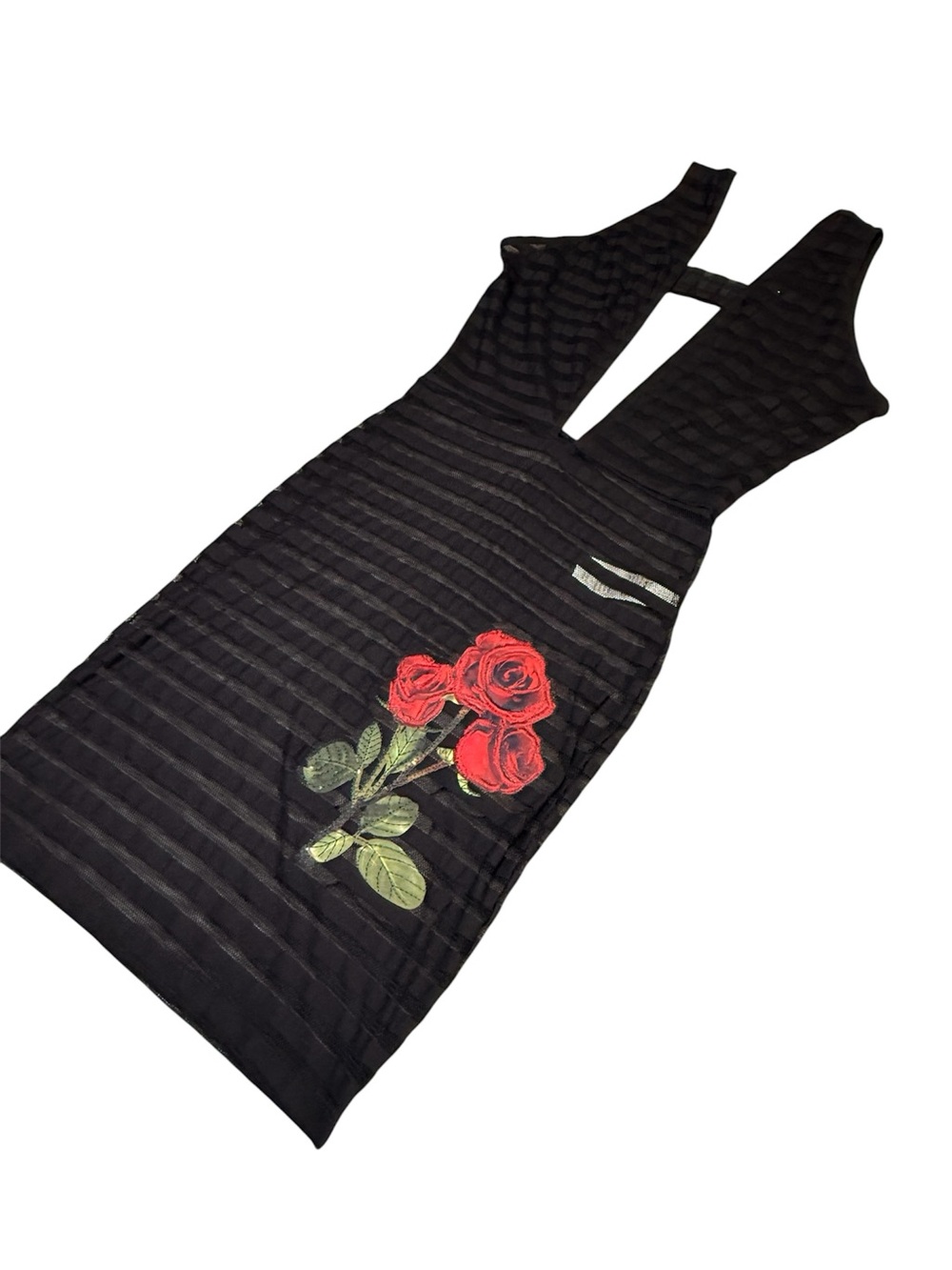 Mapale Black Mesh Bodycon Dress Rose Applique Plunge Open Back M